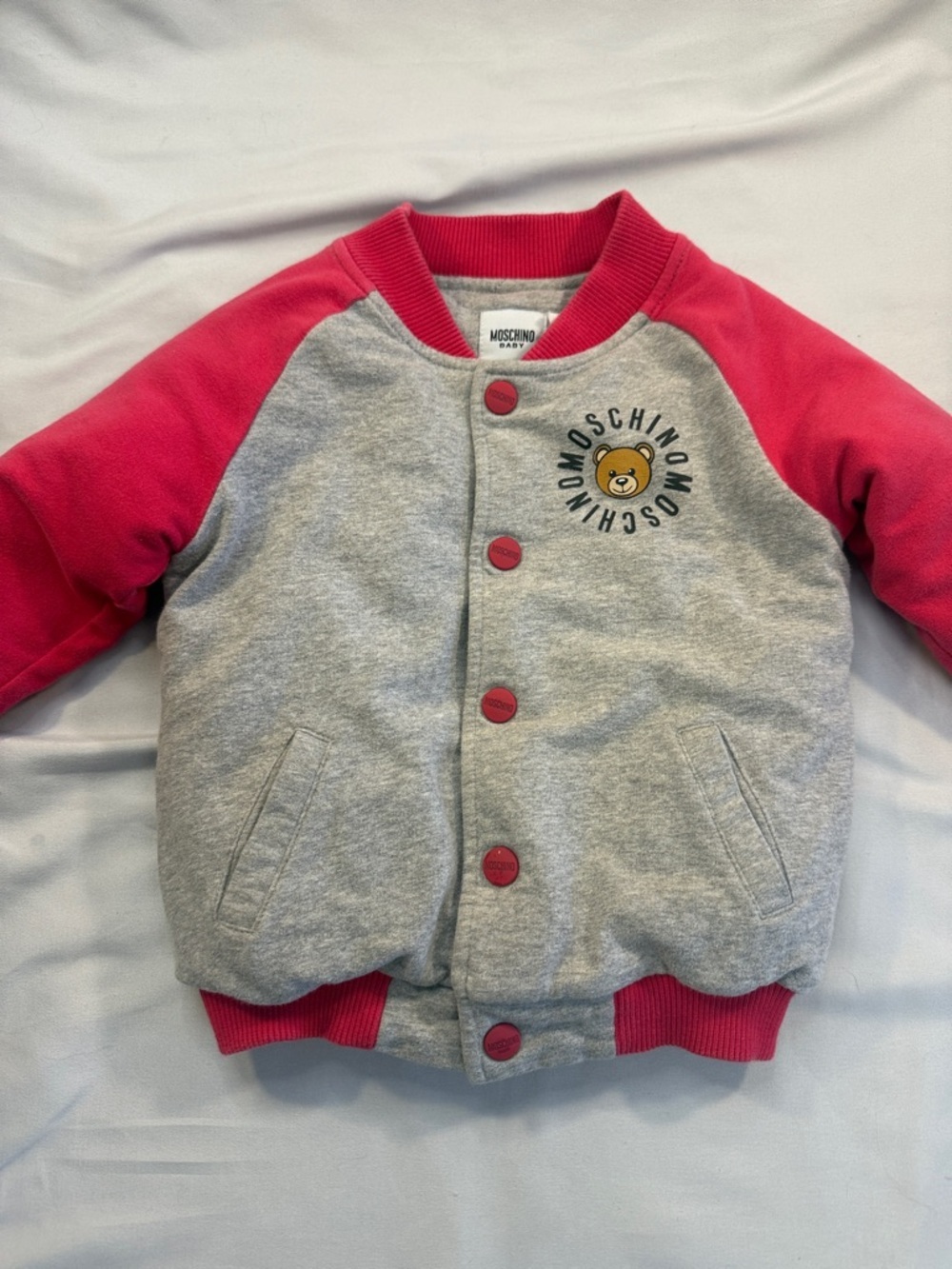 Moschino Kids Gray and Pink Bear Logo Snap-Up Jacket